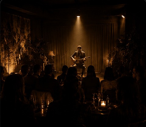 Intimate live music listening-room atmosphere